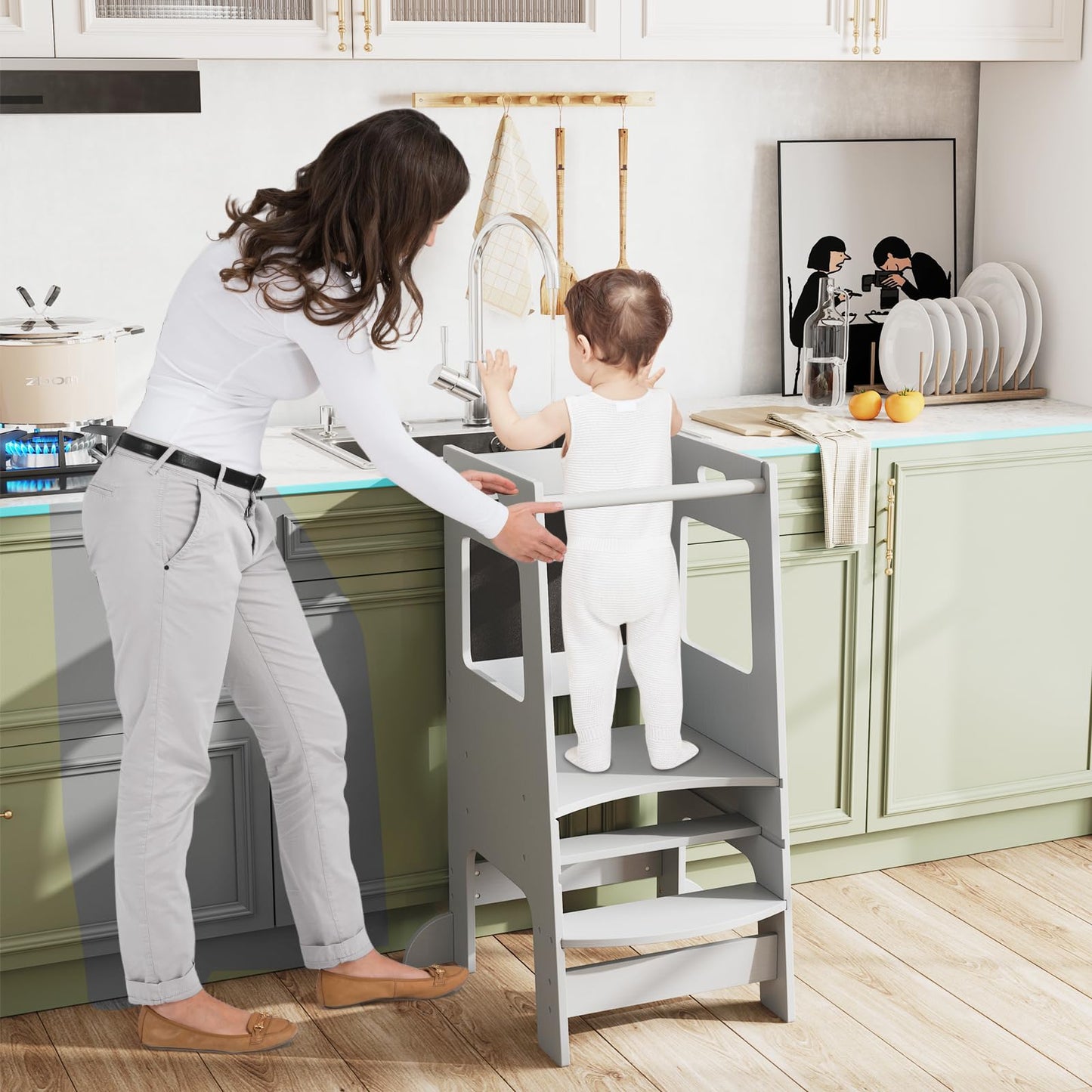 Height Adjustable Learning Tower with Safety Rail