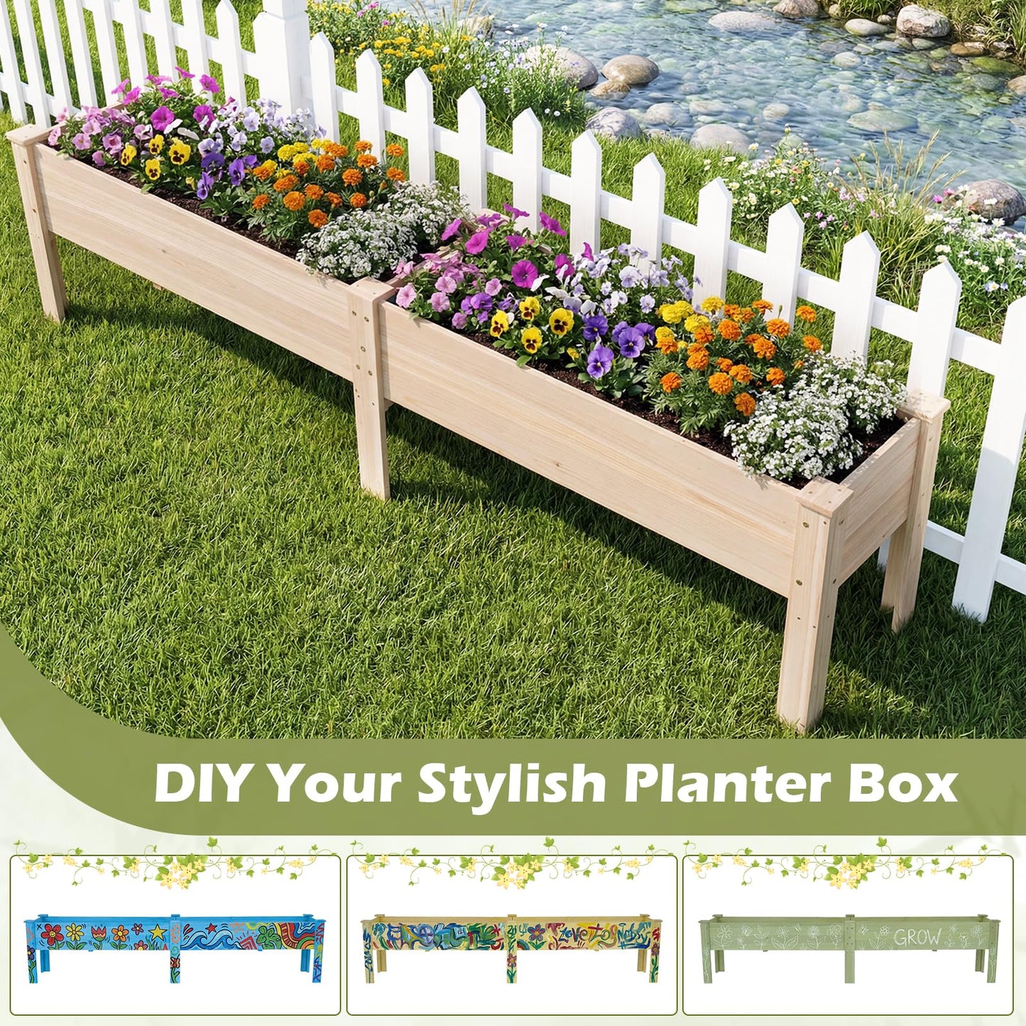 Raised Garden Bed, Wooden Elevated Planter Box with Legs and Drainage Holes