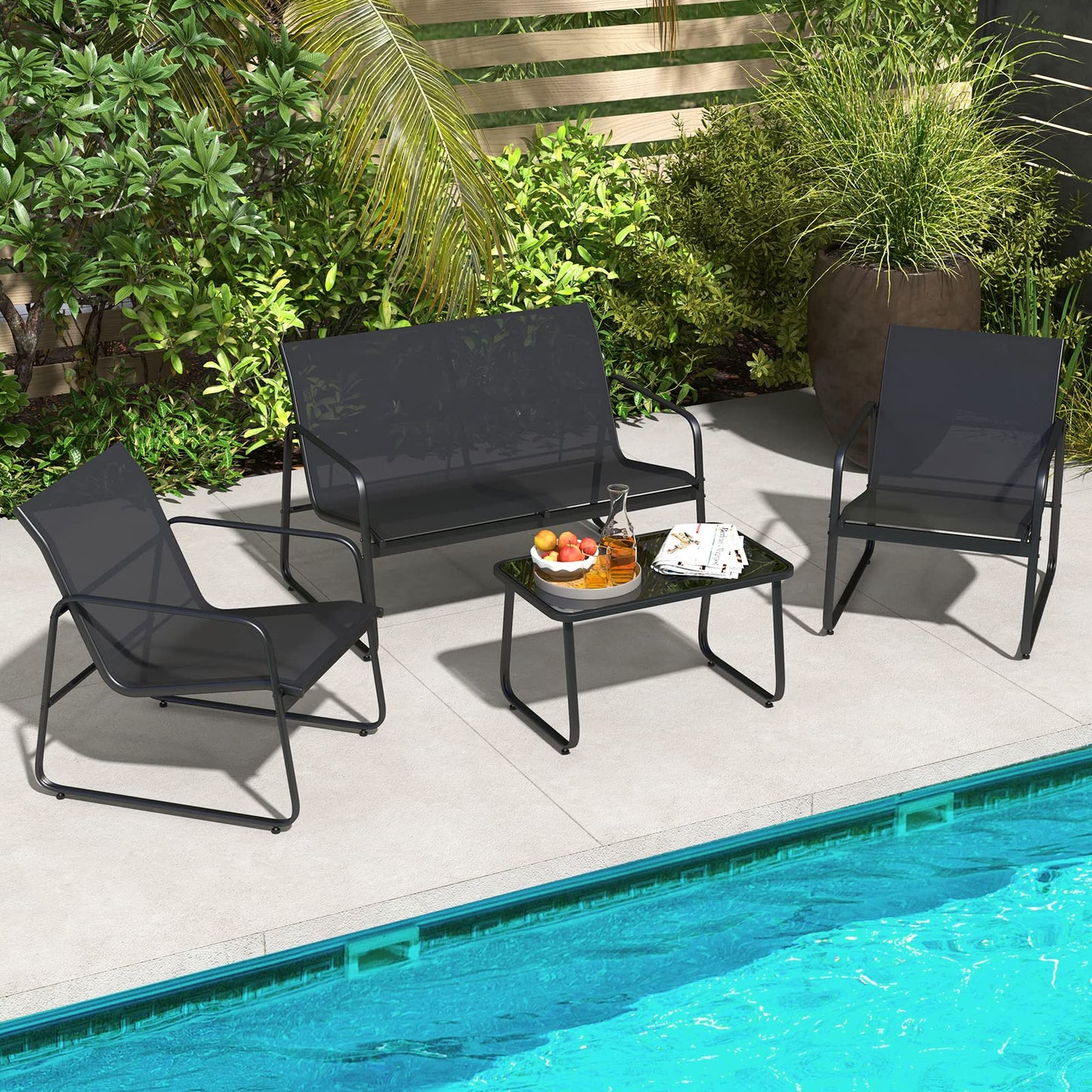 Metal Frame Conversation Set with Loveseat & Glass Coffee Table