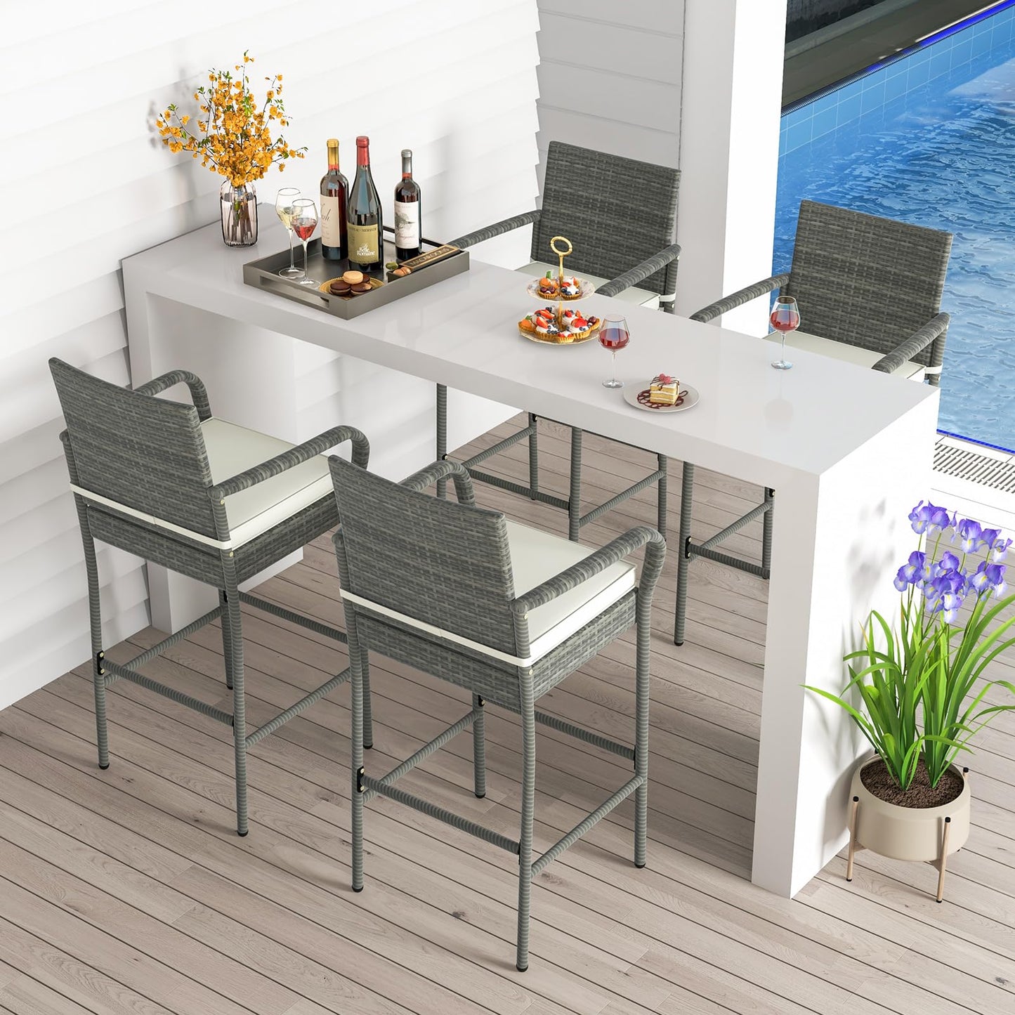 All Weather Outdoor Wicker Bar Stools Set with Soft Seat Cushions