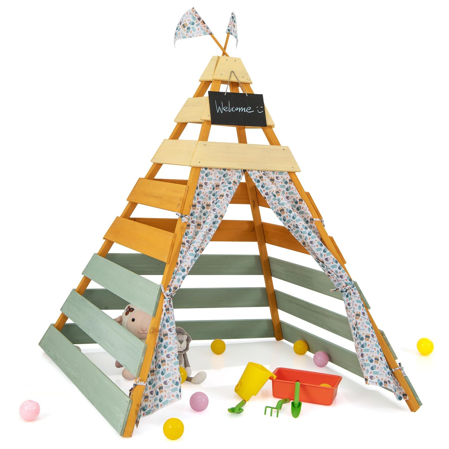 Wooden Play Tent Kids Teepee Tent with Door Curtains for Children 3-8 Years Old