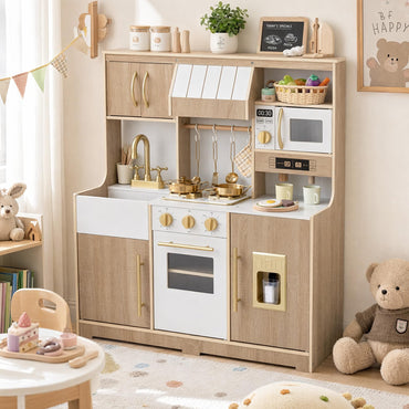 Kids Play Kitchen, Wooden Toy Kitchen with Stoves, Ice Maker, Oven