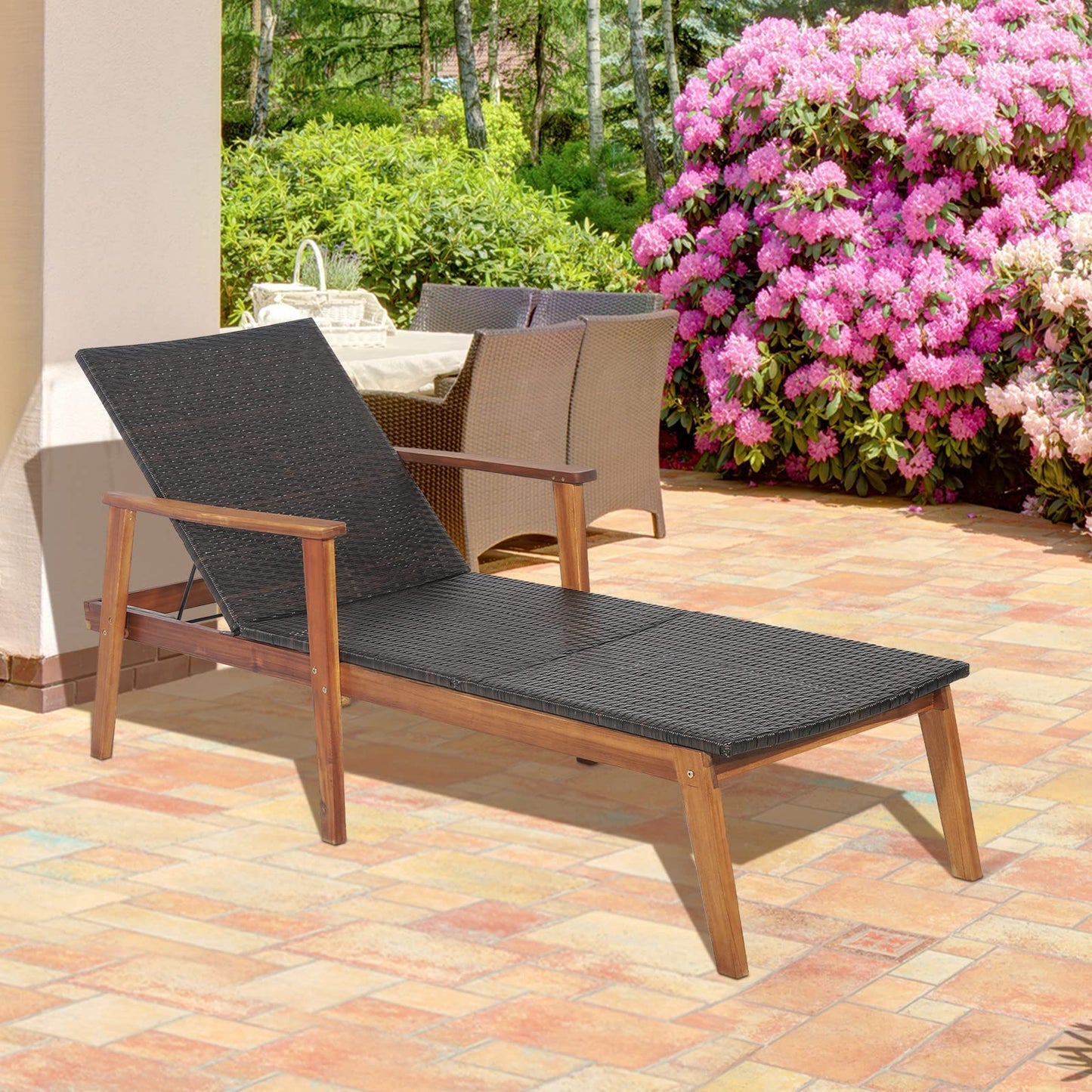 5-Position Adjustable Garden Chaise Lounge Deck Sunbed with Armrests