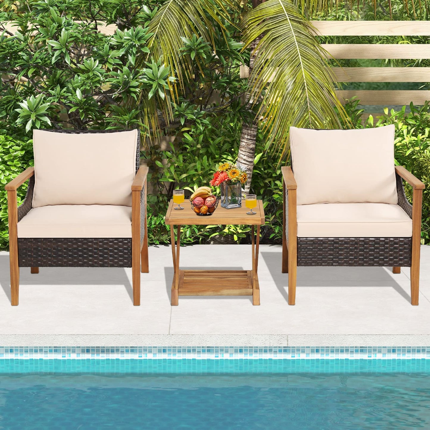 3 PCS Acacia Wood Garden Table and Chairs Patio Sofa Set with Coffee Table and Cushions