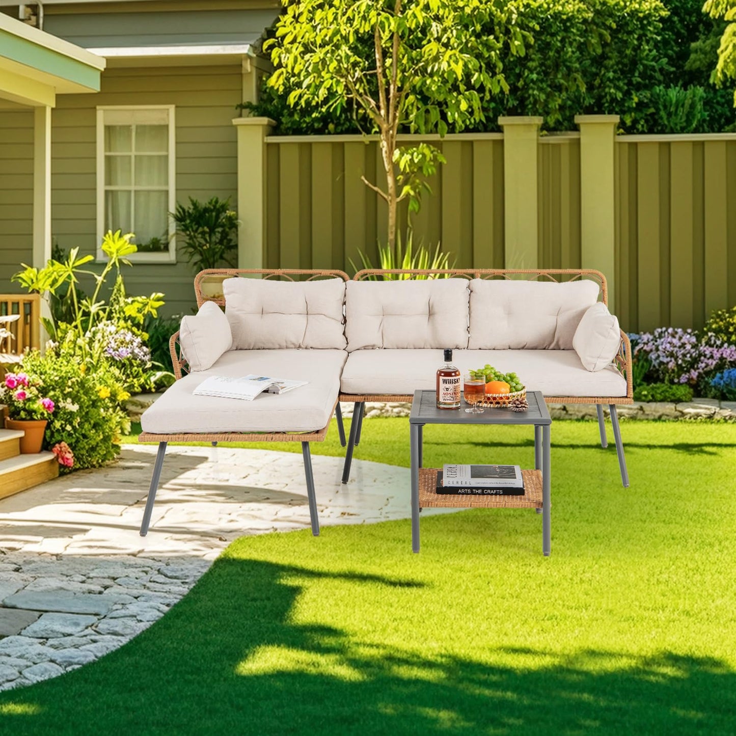 L Shaped Patio Conversation Set with Cushions & Coffee Table