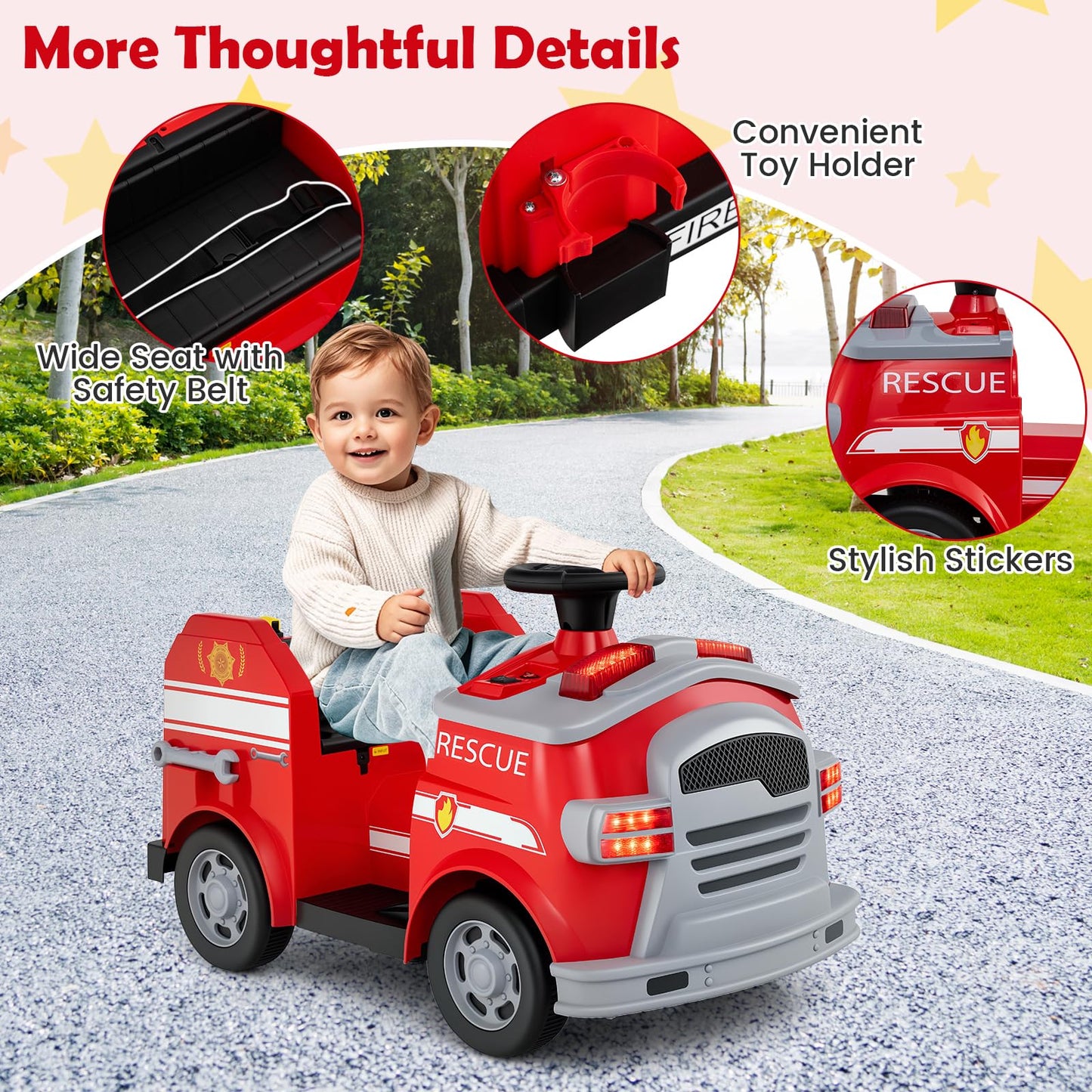 12V Kids Ride on Fire Truck with Shovel and Wrench
