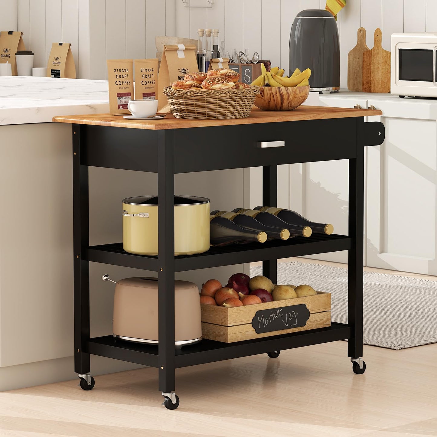 Kitchen Island with Open Shelves and Lockable Casters