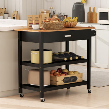Kitchen Island with Open Shelves and Lockable Casters