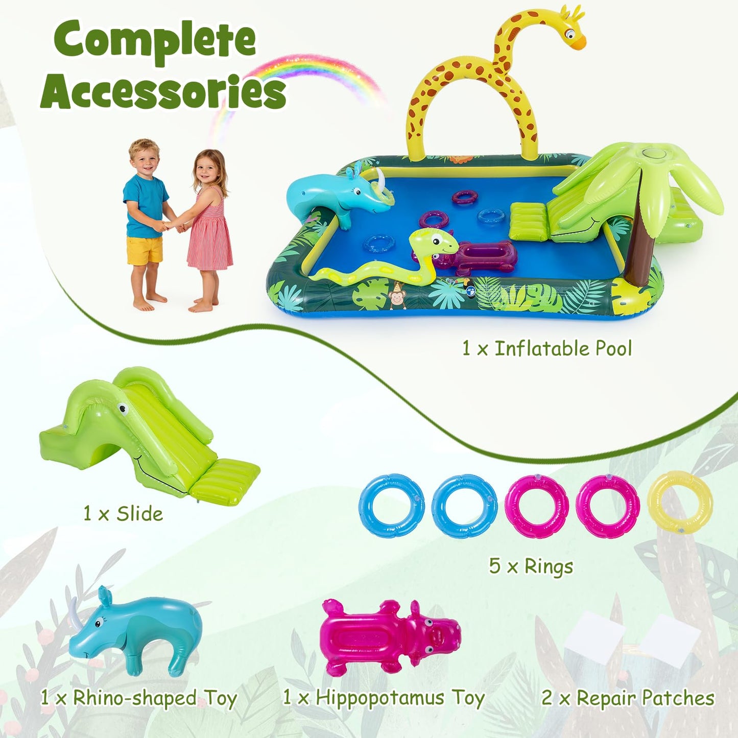 Inflatable Play Center, Jungle Animal Spray Paddling Pool with Slide & Sprinkle