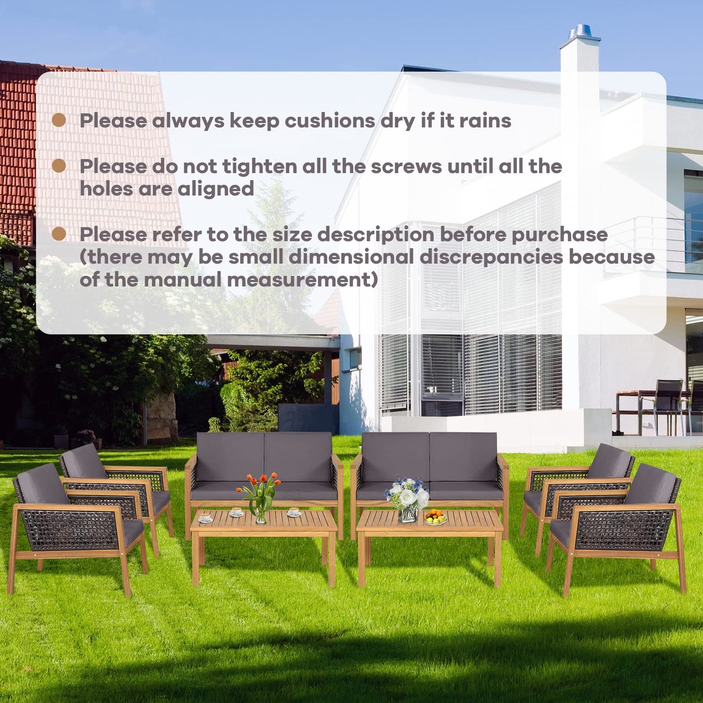 4 PCS Acacia Wood Rattan Patio Conversation Set with Loveseat and Coffee Table