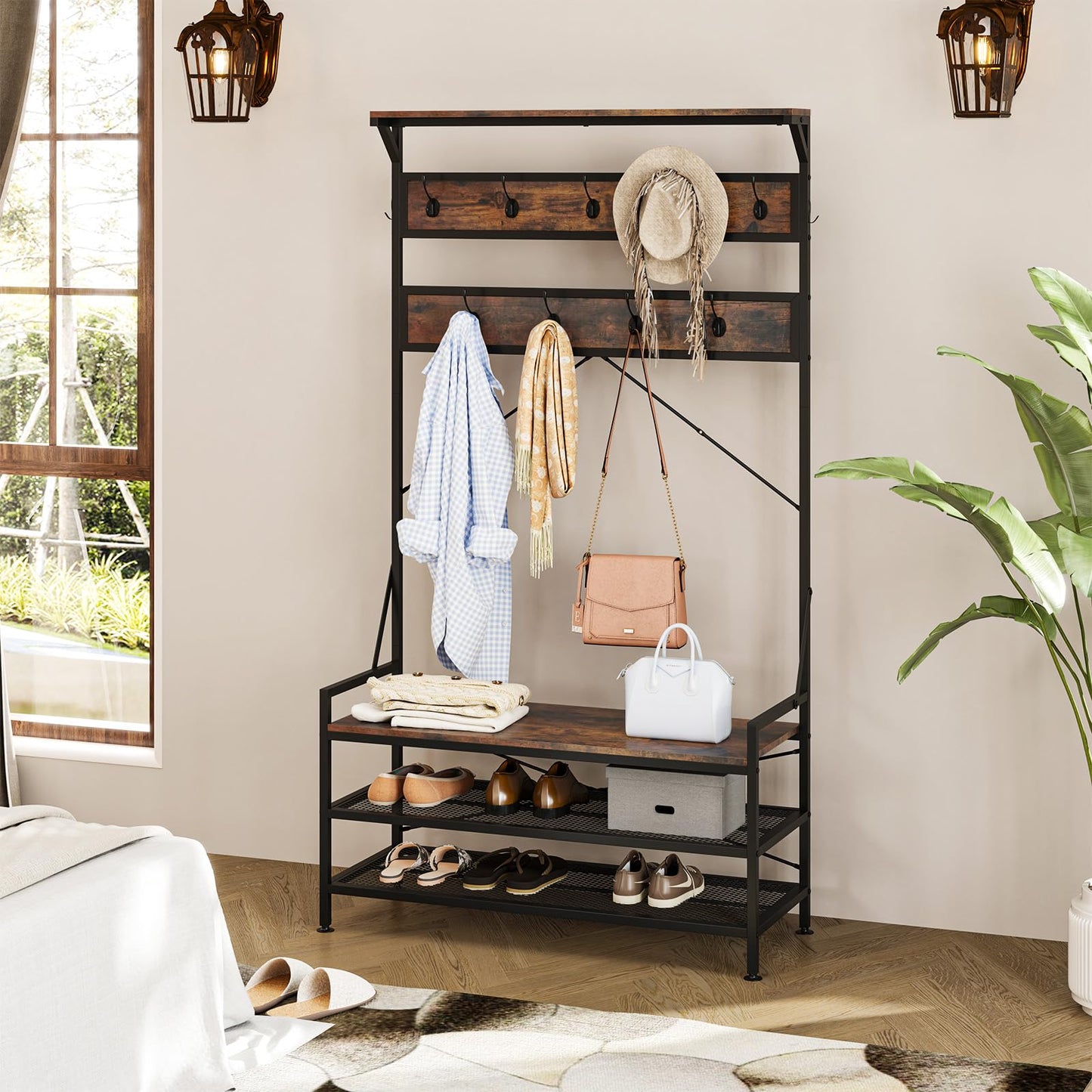 4 In 1 Coat Rack with 11 Hanging Hooks and Shoe Bench for Mudroom