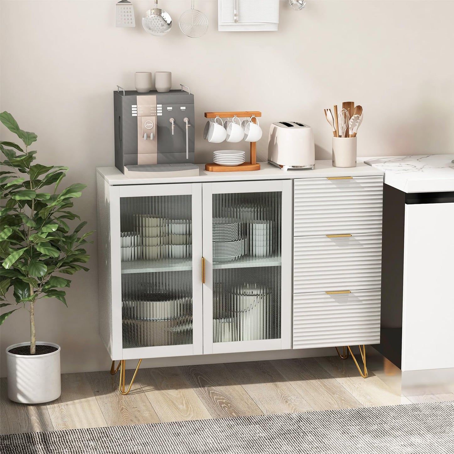 Modern Sideboard Storage Cabinet with 2 Glass Doors and 3 Drawers