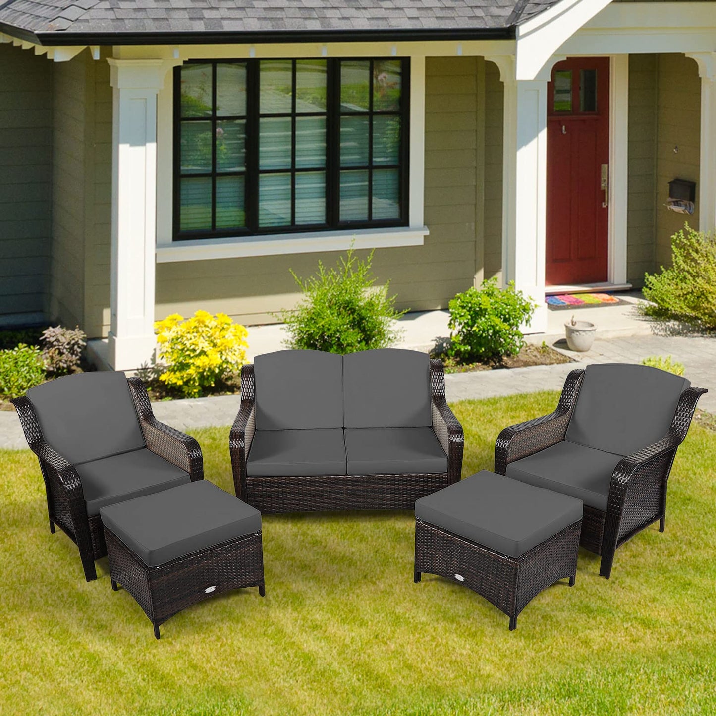 5 Pieces All-Weather Outdoor Sectional Conversation Set for Balcony Yard Lawn