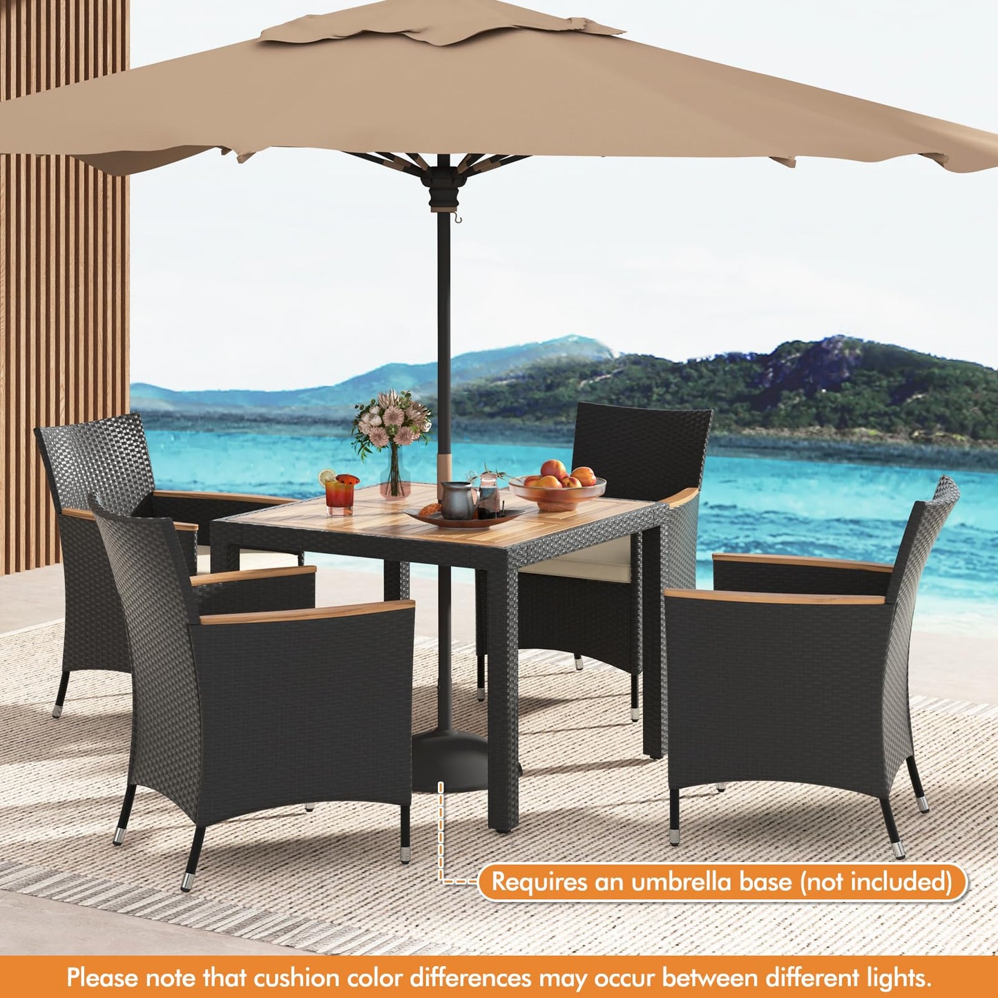 5 PCS Patio Dining Table Rattan Conversation Set with Umbrella Hole