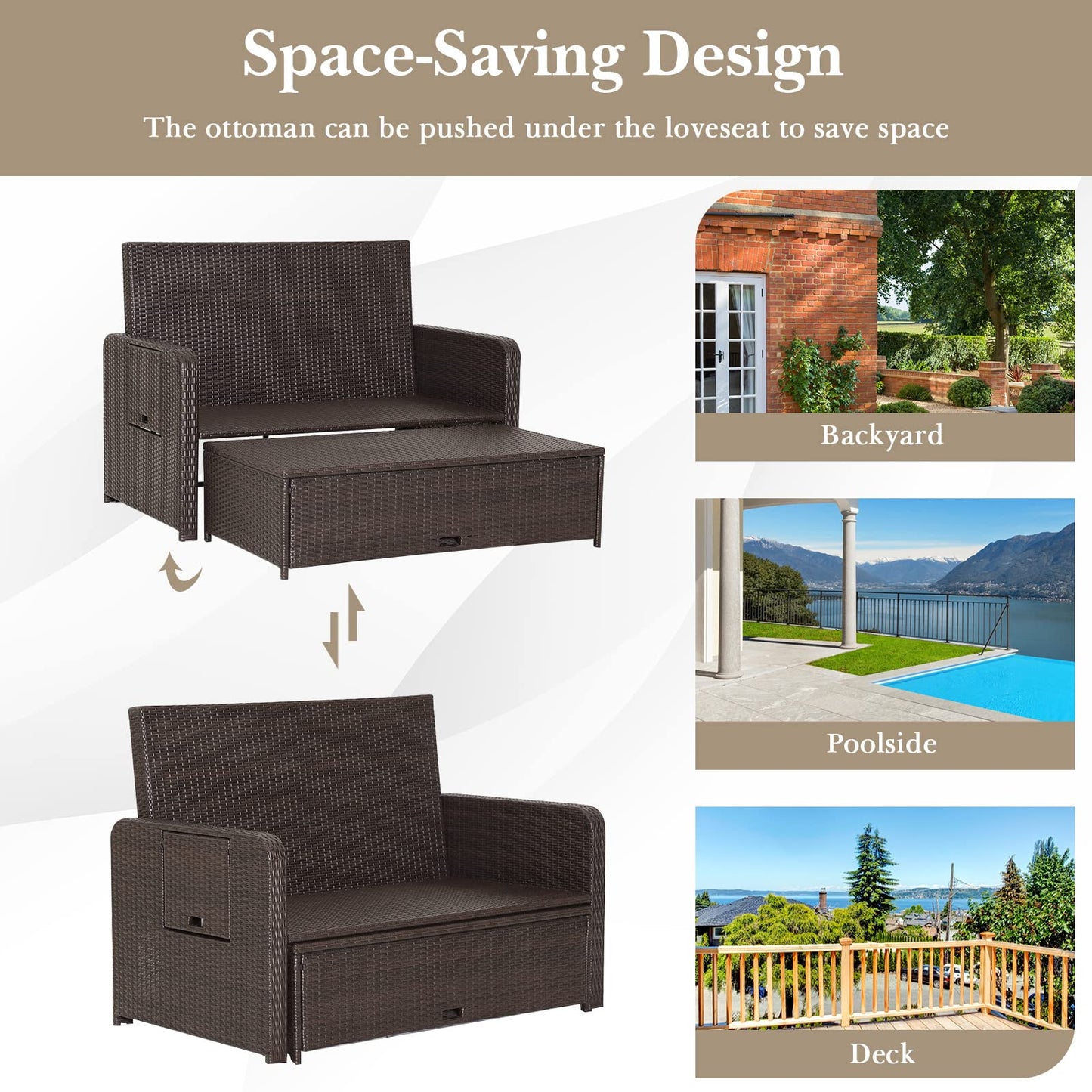 4-Level Adjustable Patio Wicker Loveseat Sofa Bed Sun Lounger with Storage Ottoman
