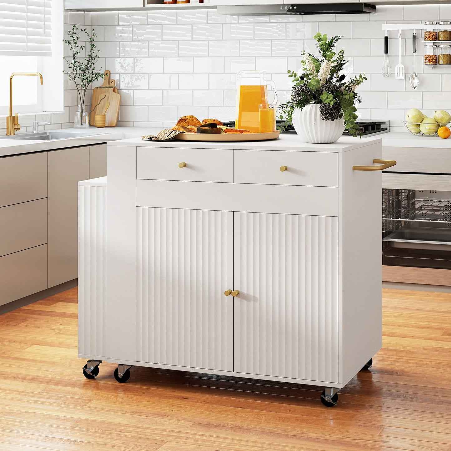 180cm Kitchen Island on Wheels with Extendable Table & Power Outlet