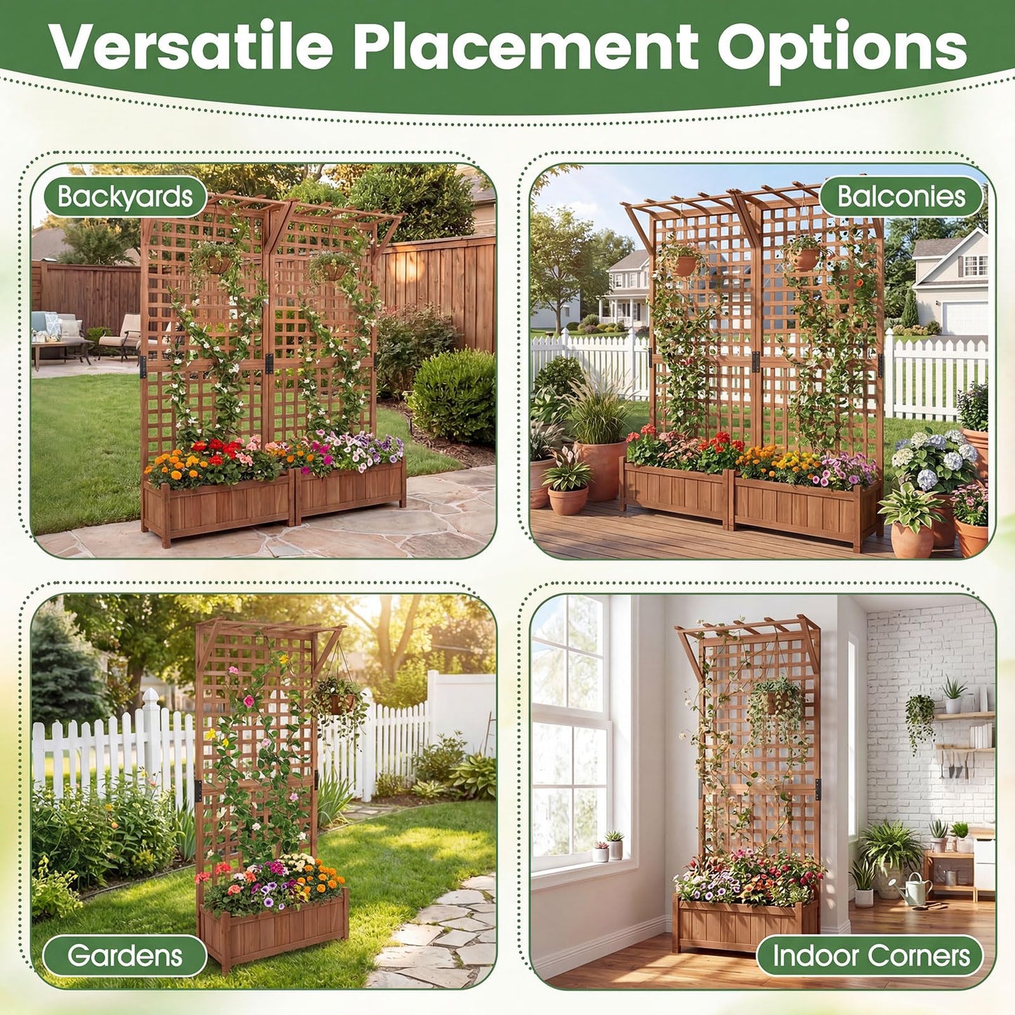 Raised Garden Bed with Trellis, Wooden Trough Planter, Outdoor Garden Weather-Resistant Plant Rack for Vines