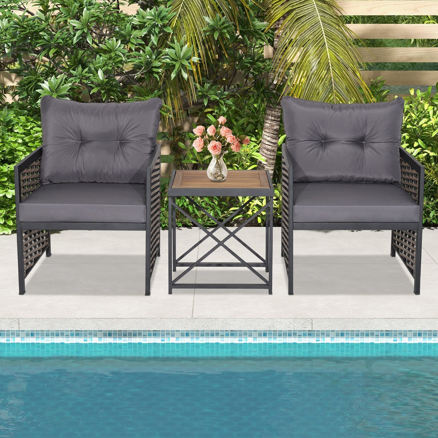 3-Piece Outdoor Coffee Table and Sofas with Acacia Wood Tabletop