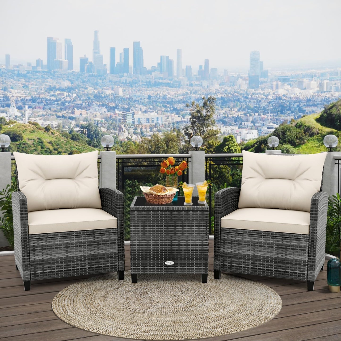 3 Pieces Metal Frame Garden Coffee Table and Sofa Chairs Set with Cushions