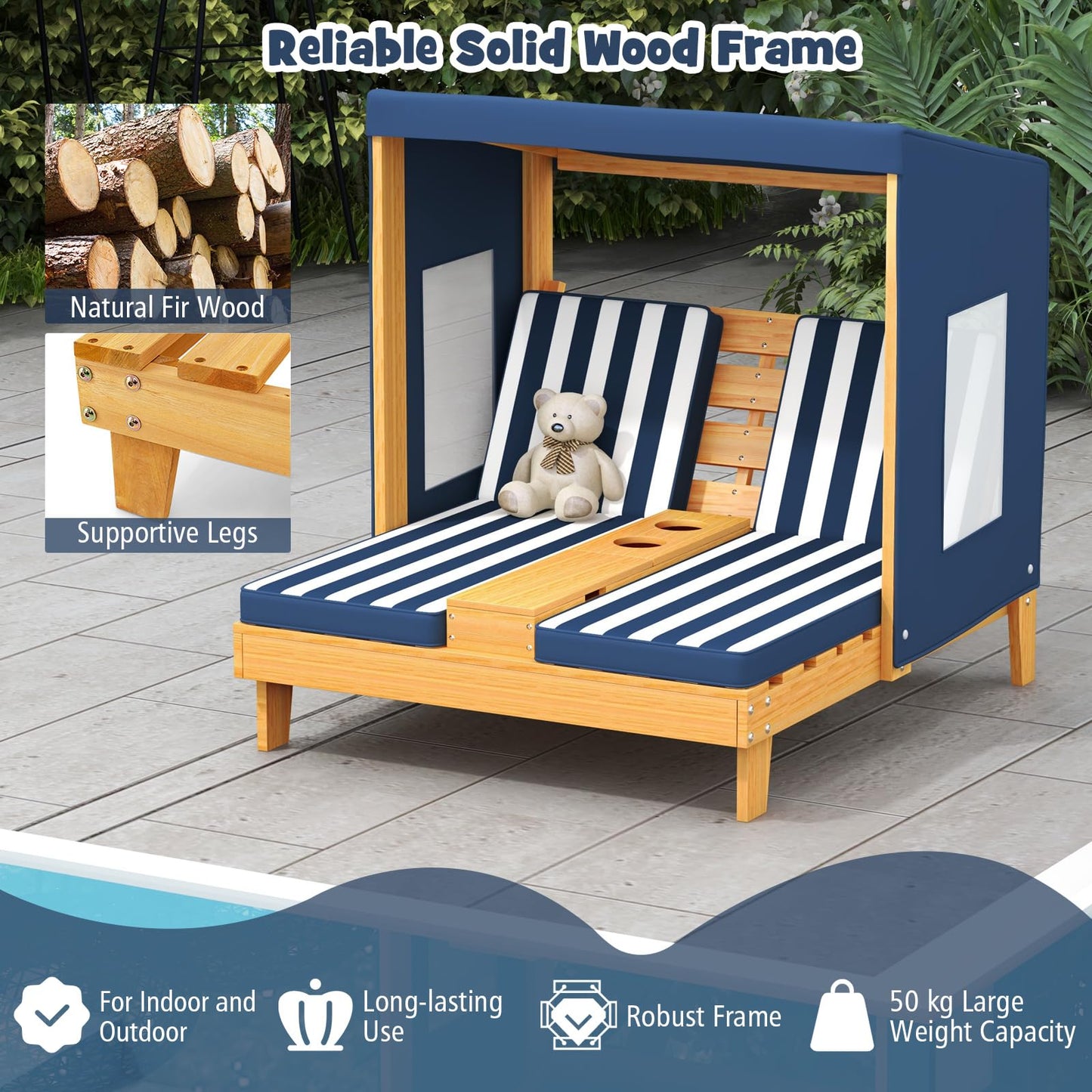 Kids Double Sun Lounger, 2-Seater Garden Lounge Chair with Canopy