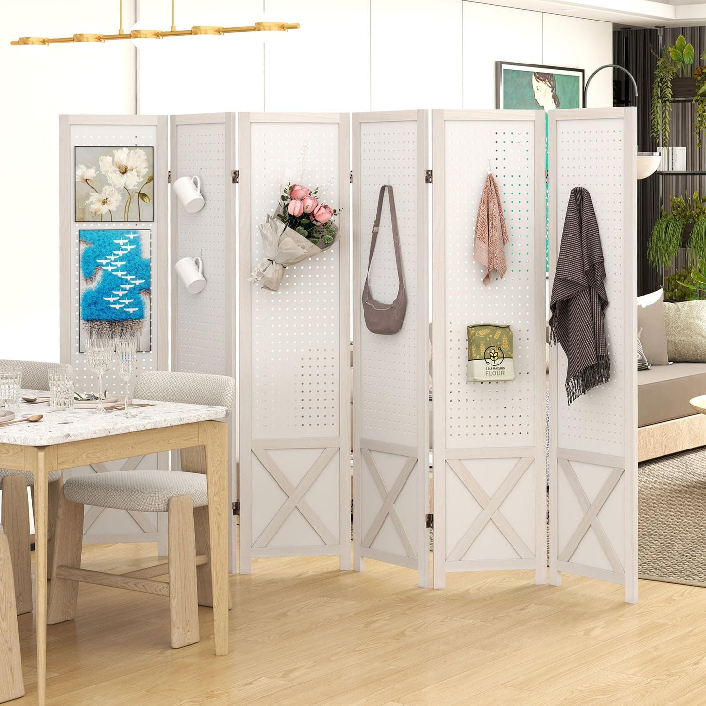 4/6 Panel Folding Room Divider with Pegboard Display
