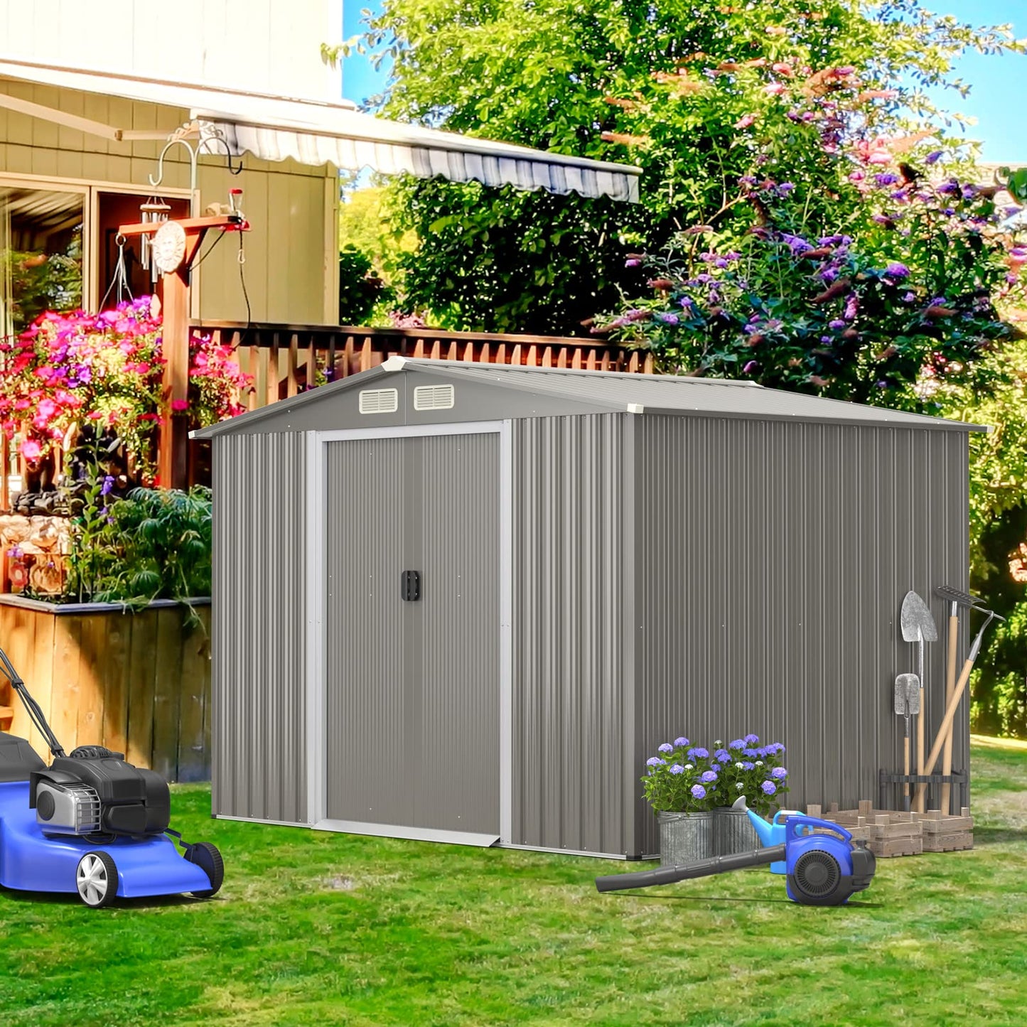 8.5x7FT Outdoor Galvanized Metal Garden Shed with Foundation