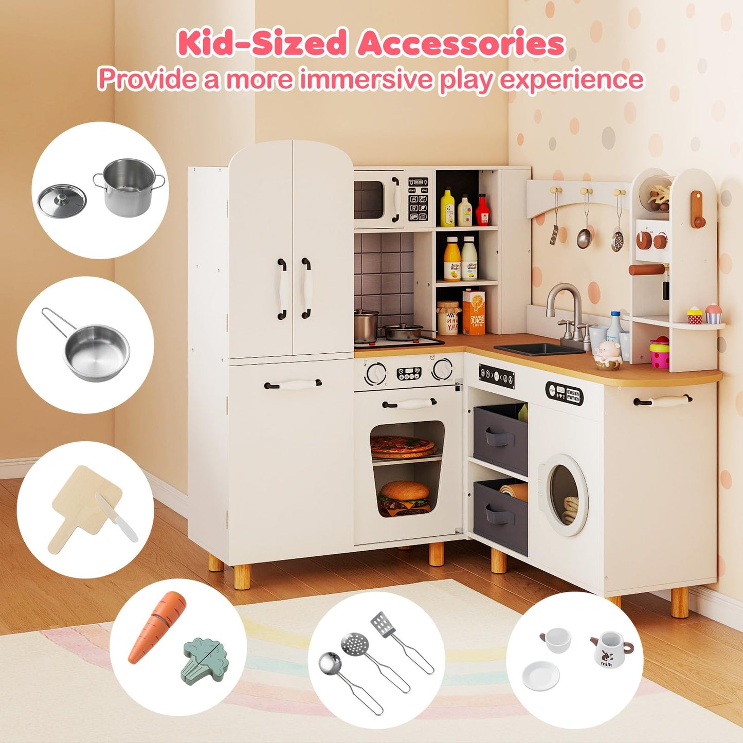 Wooden Corner Play Kitchen with Pine Wood Legs and Lights & Sounds