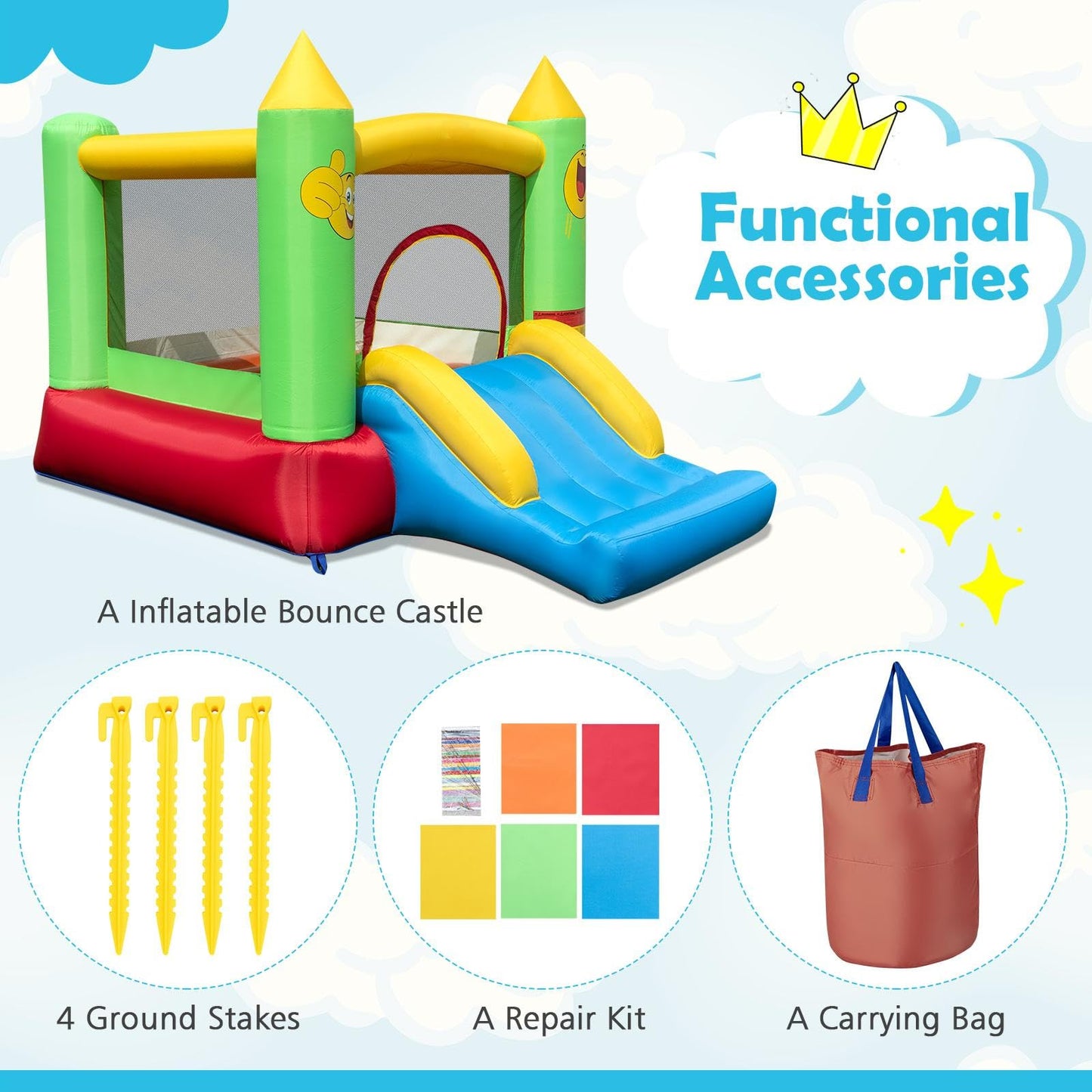 Kids Smiley Face Theme Inflatable Bounce House with Slide and Basketball Hoop (without Blower)