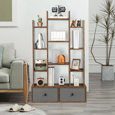 7/12-Tier Wooden Bookshelf with Folding Drawer for Study Living Room