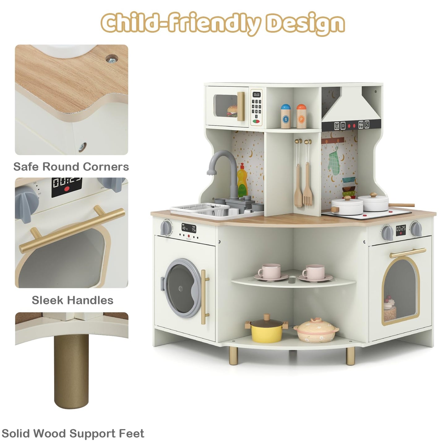 Wooden Corner Kitchen Playset with Working Faucet and Realist Sounds