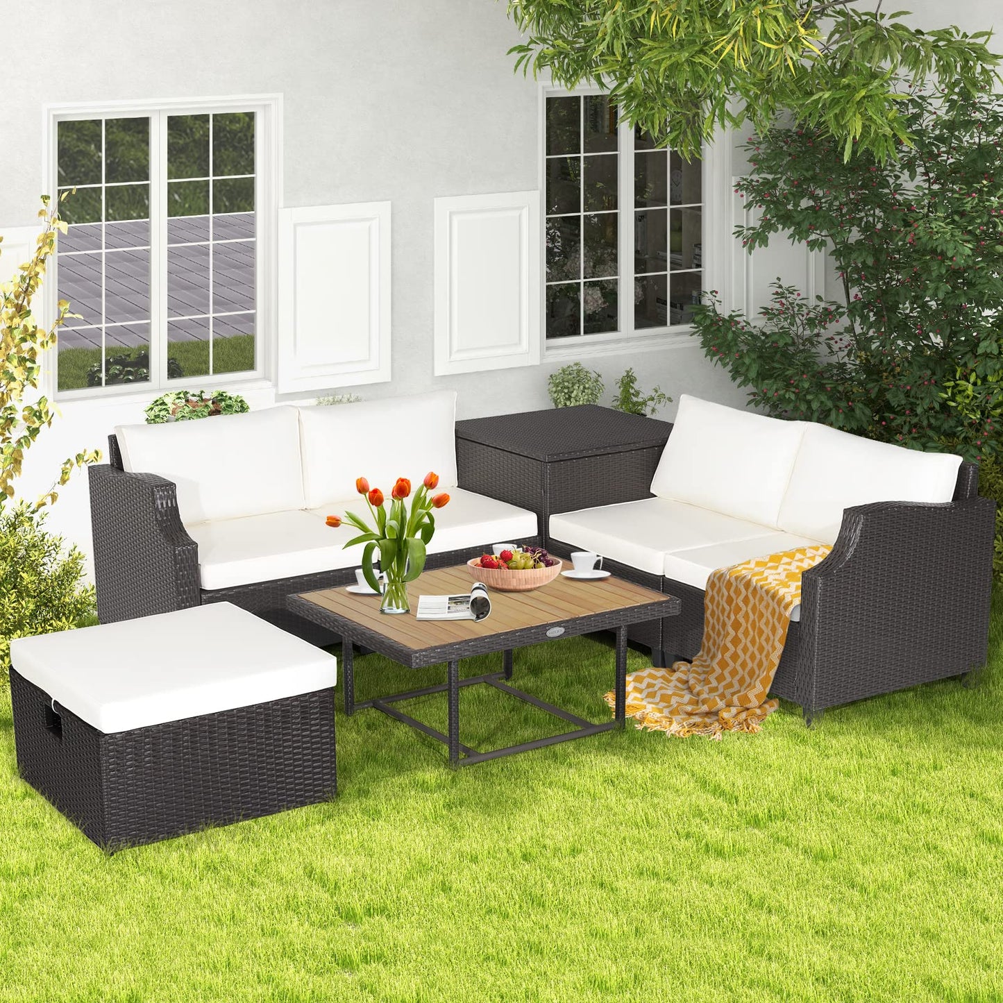7 Pieces Outdoor Hand-Woven PE Wicker Sectional Conservatory Set with 2 Corner Sofas