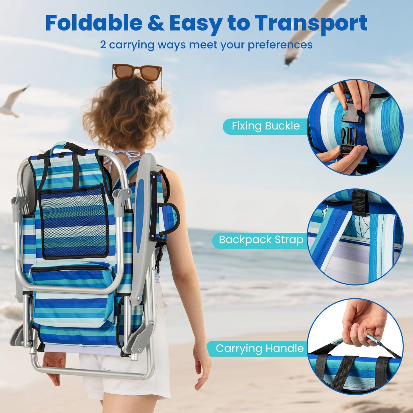 Folding Backpack Beach Chair, Adjustable Position Camping Chair