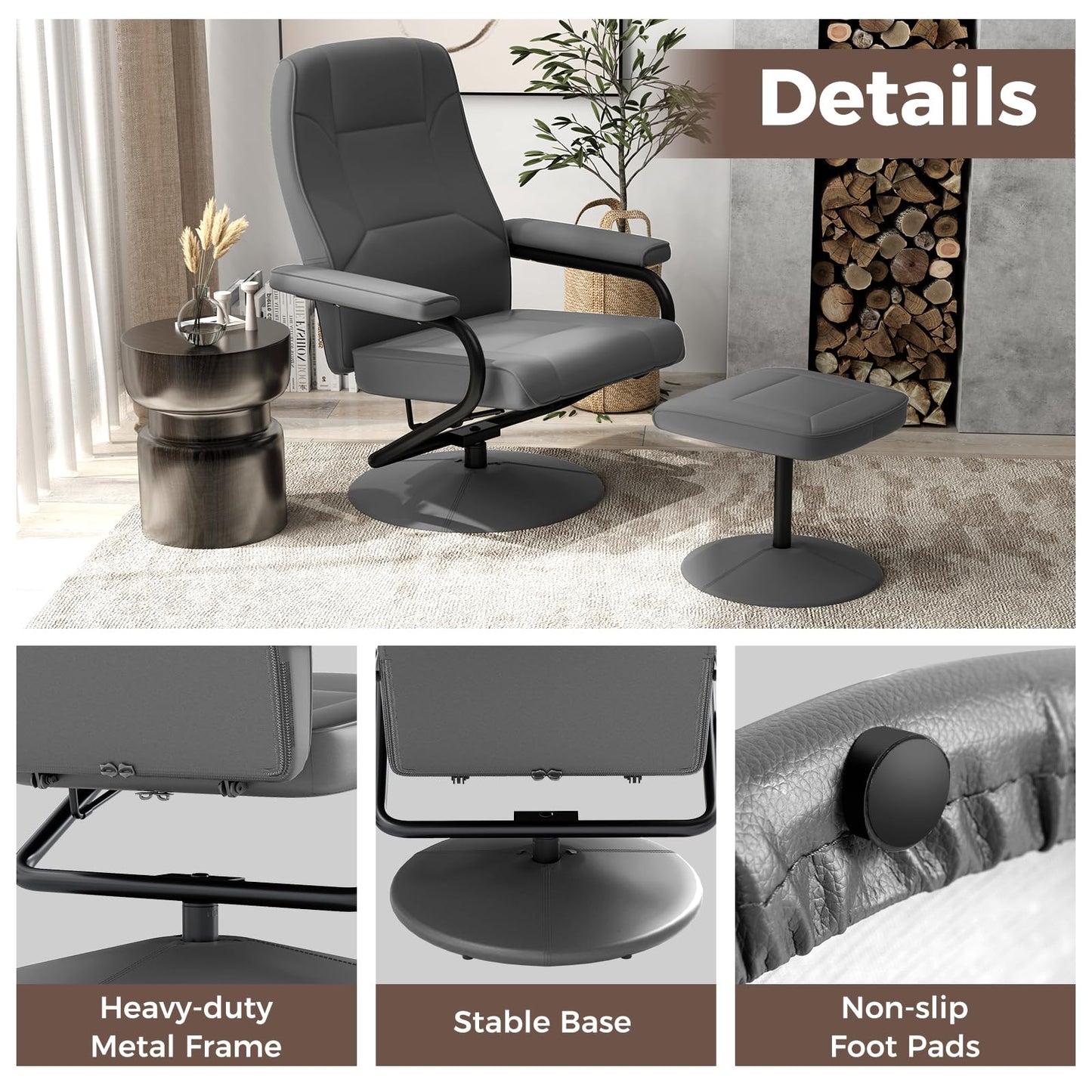 360° Swivel Reclining Chair with Ottoman and Adjustable Backrest
