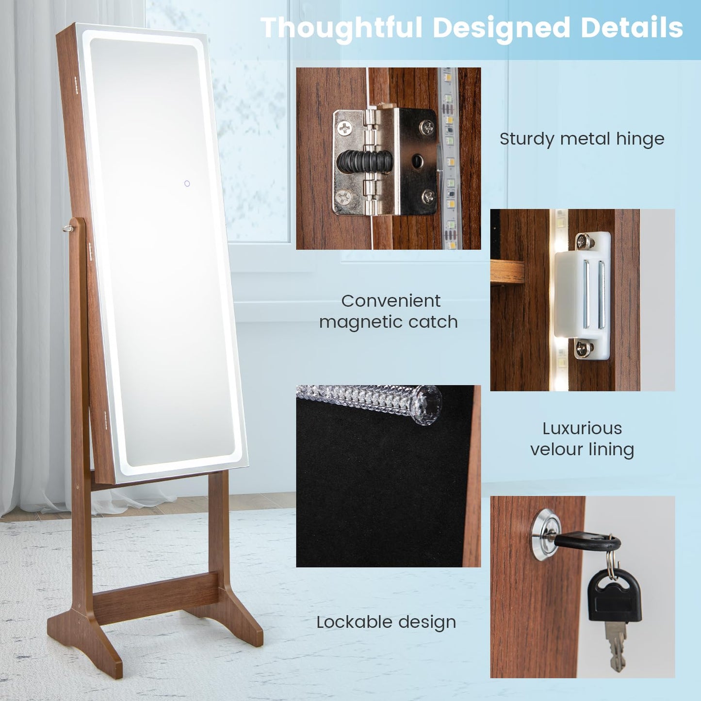 Standing Jewelry Cabinet with LED Lights Lipstick Box and 2 Drawers