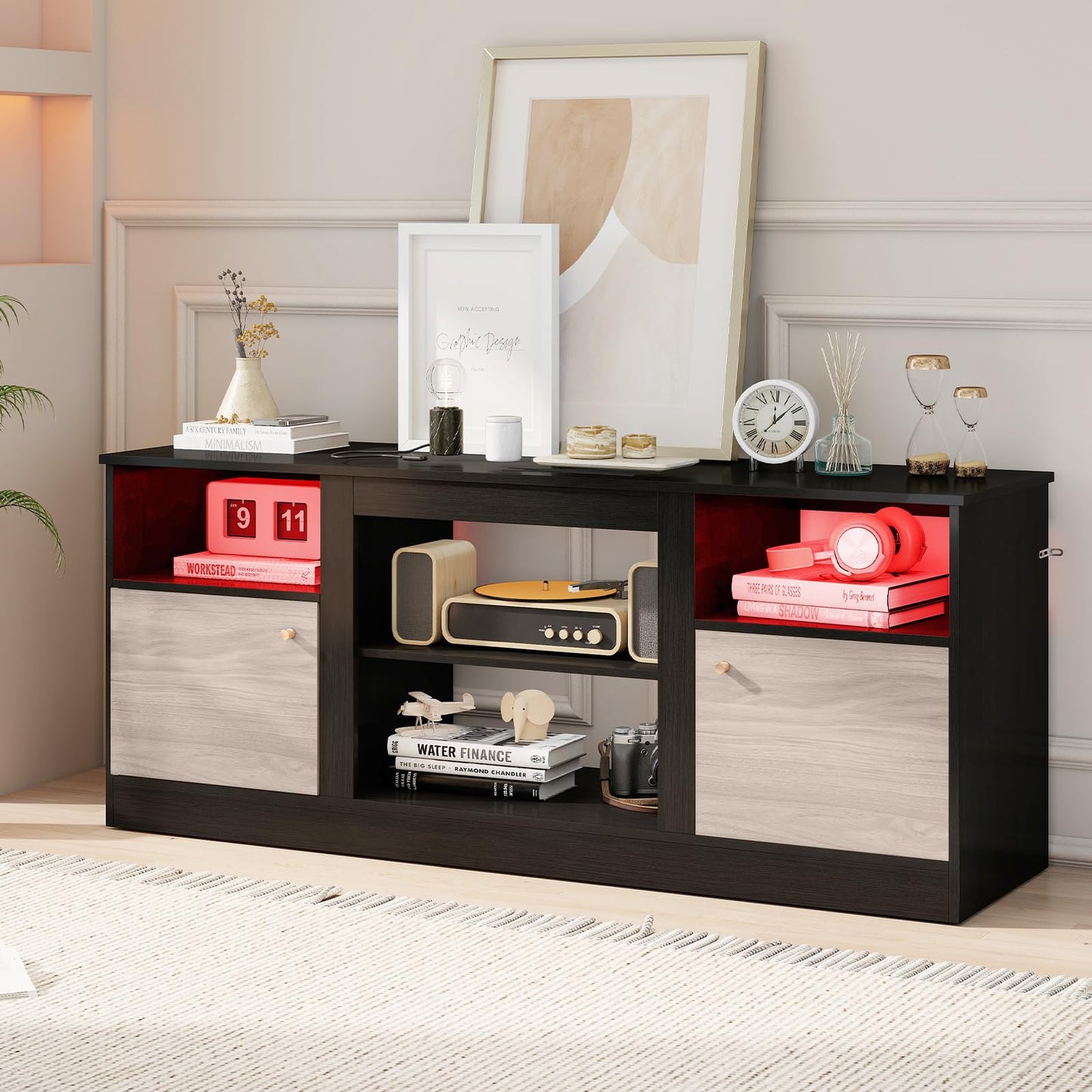 TV Stand with Adjustable Shelf and Open Compartment