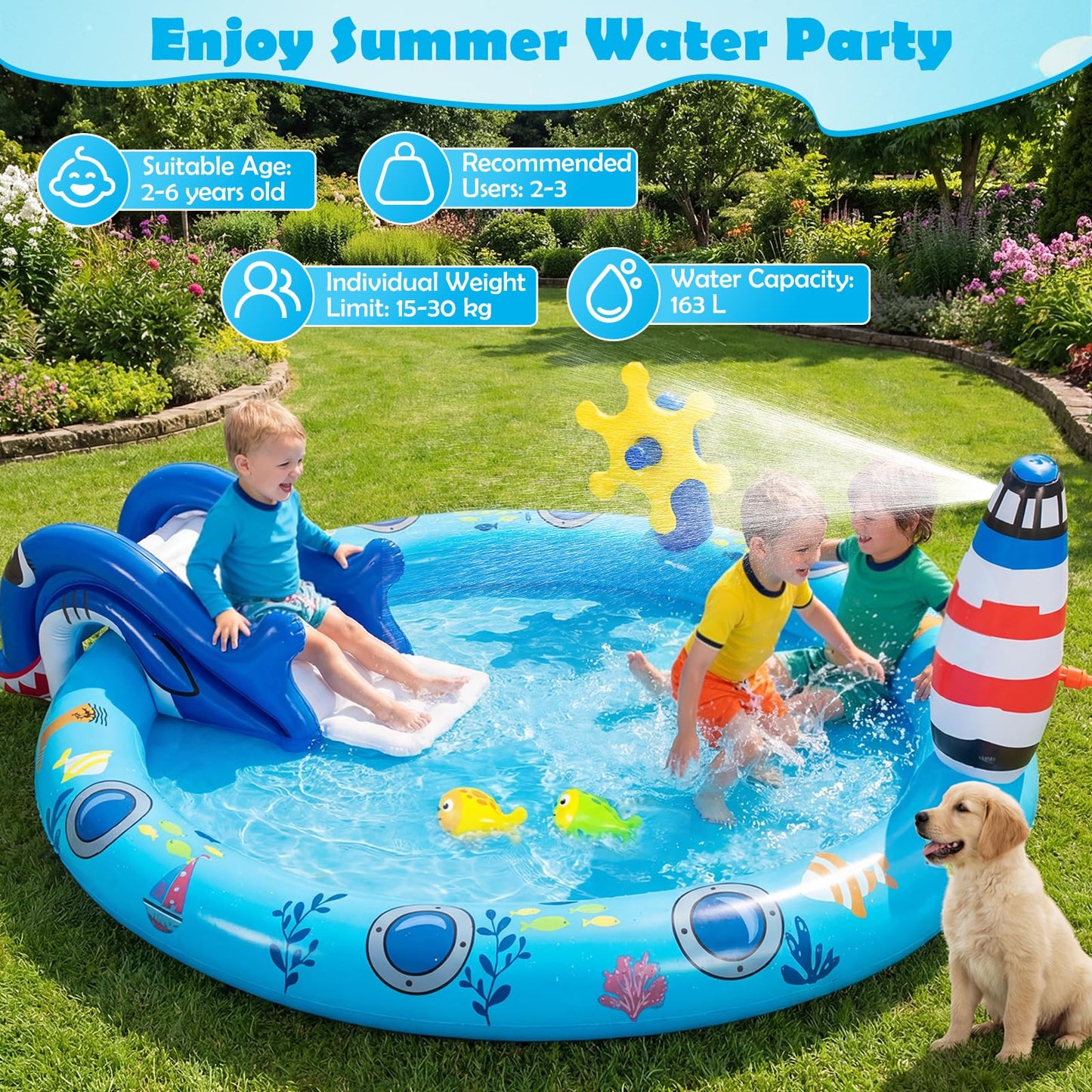 Inflatable Play Center, Marine Life Spray Paddling Pool with Slide & Sprinkle