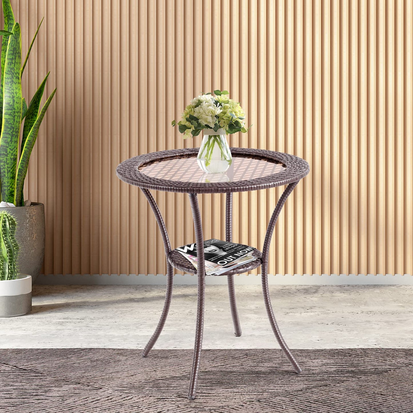 Patio Bistro Table with Tempered Glass Top and Storage Shelf