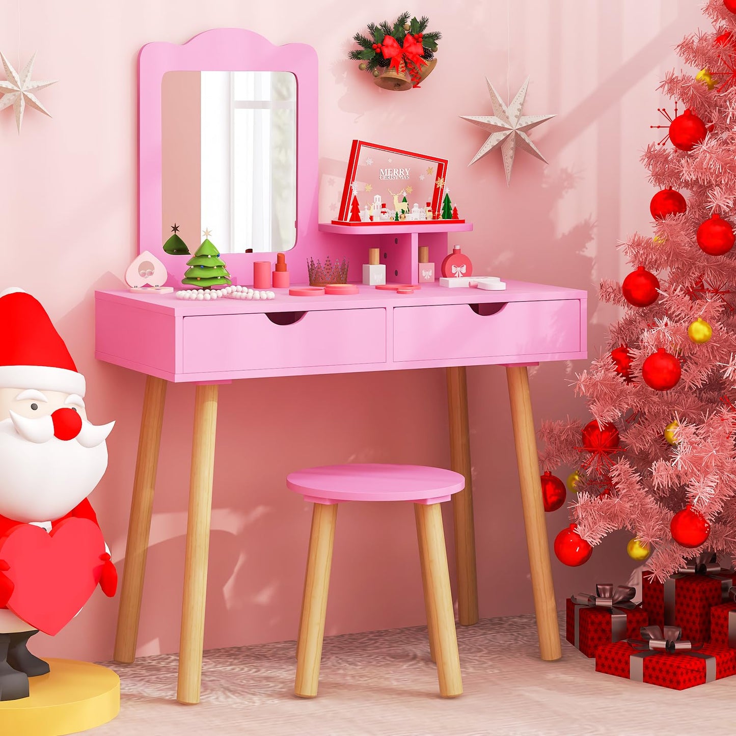 Kids Vanity Table and Stool Set with Square Mirror and Storage Shelf