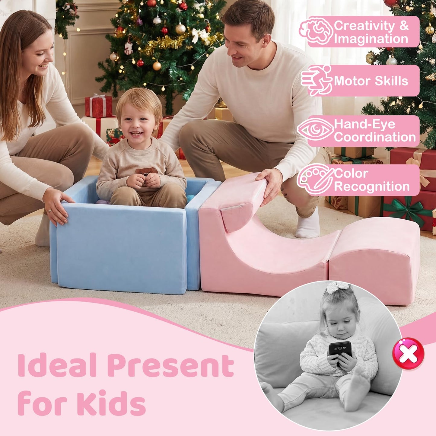 Soft Play Climbing Blocks, Baby Climb and Crawl Foam Play Set with Ball Pit and Suede Covers