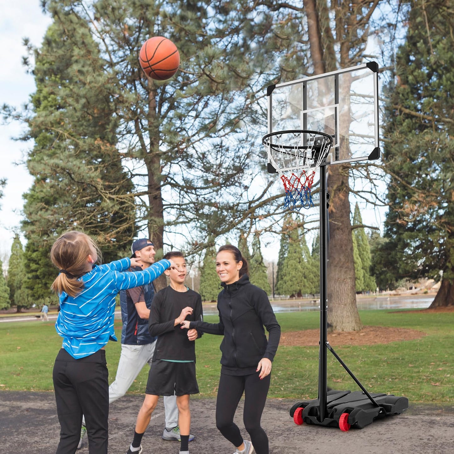223-253 cm Portable Basketball Hoop with Front Wheels and Fillable Base