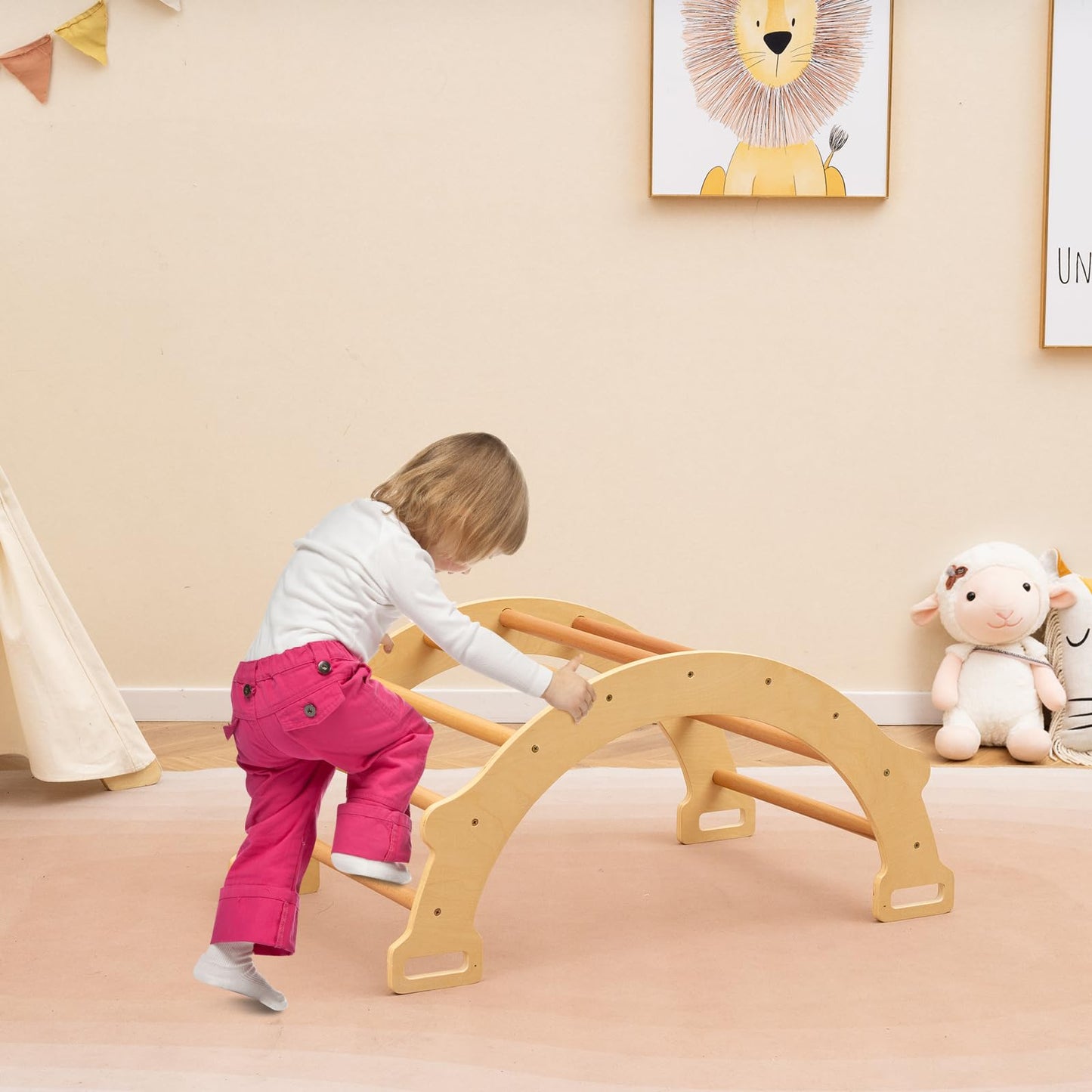 Giantex Toddler Climbing Frame Kids Wooden Arch Climber Ladder with Cozy Cushion Indoor Montessori Play Gym