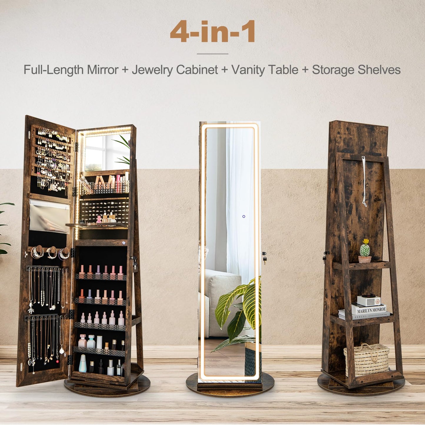 360° Swivel Jewelry Cabinet with LED Lights, Foldable Shelf