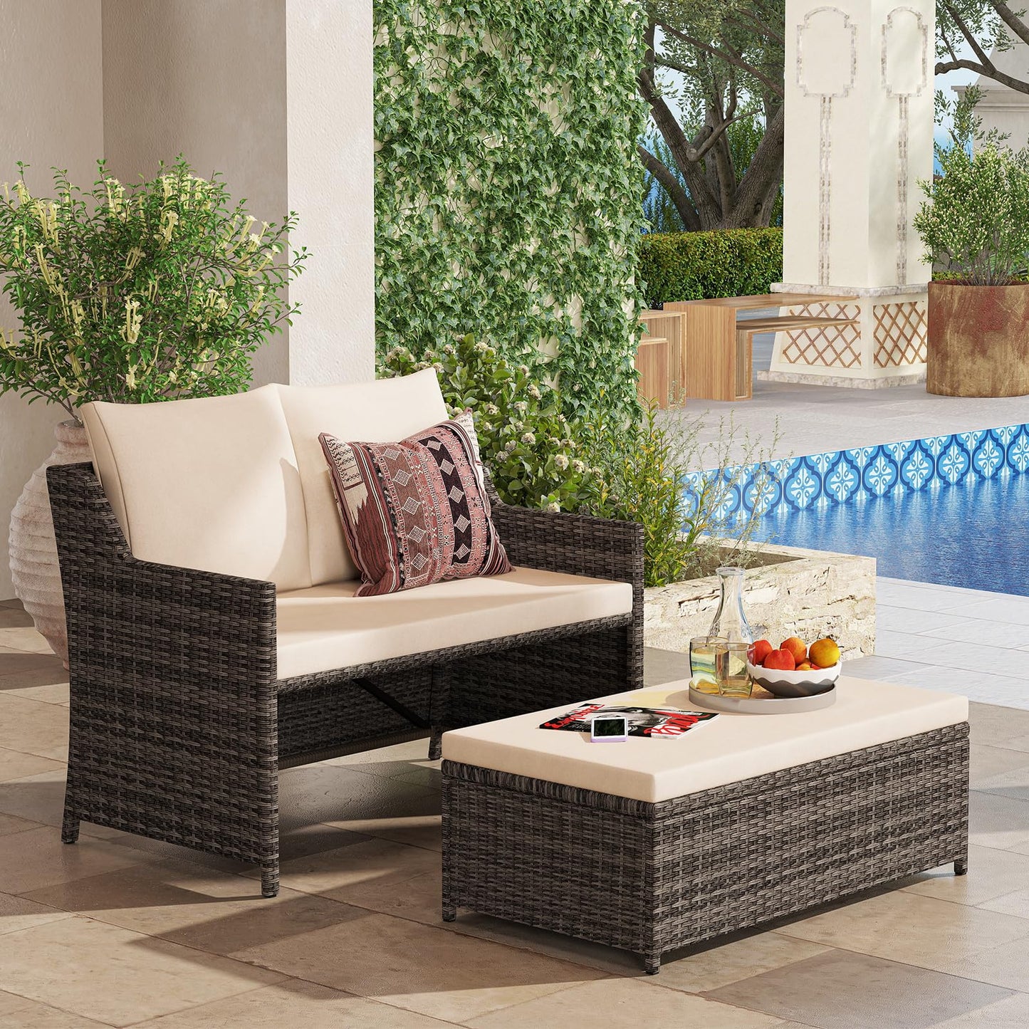 Outdoor PE Rattan Conversation Set with Built-in Storage Bin