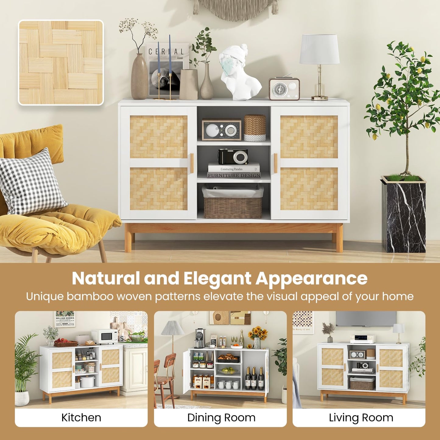 120 CM Sideboard Buffet Cabinet with 2 Bamboo Woven Doors and 3 Open Shelves