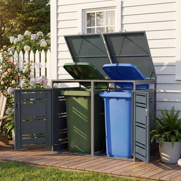 Outdoor Metal Garbage Bin Storage Shed for 2 Trash Cans