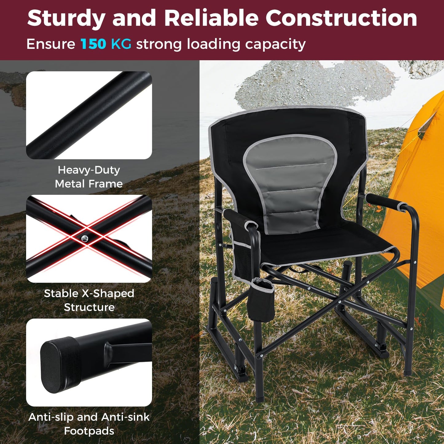 Outdoor Foldable Padded Rocker Camping Chair with Cup Holder
