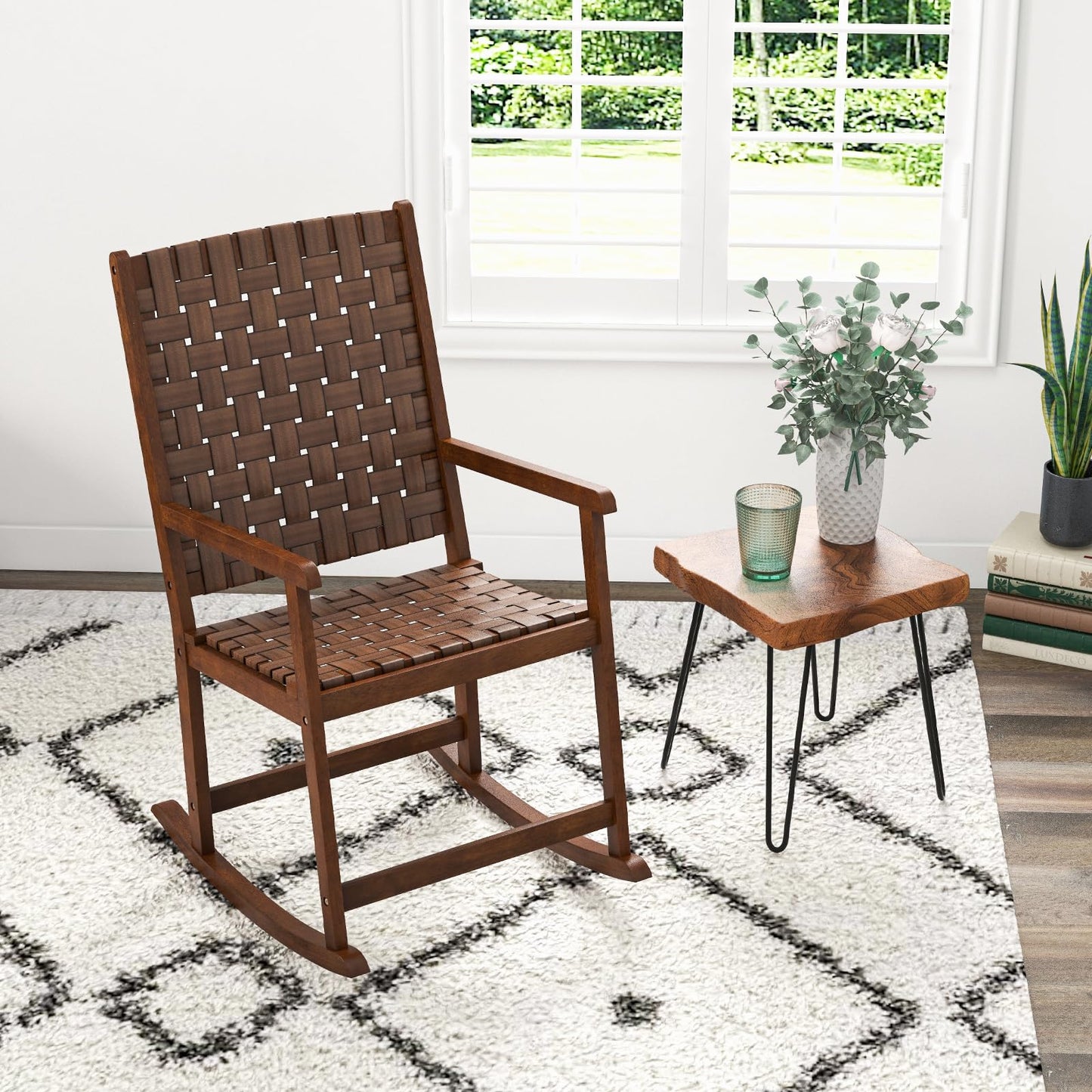 Wood Rocking Chair with PU Seat and Rubber Wood Frame for Porch Backyard Balcony