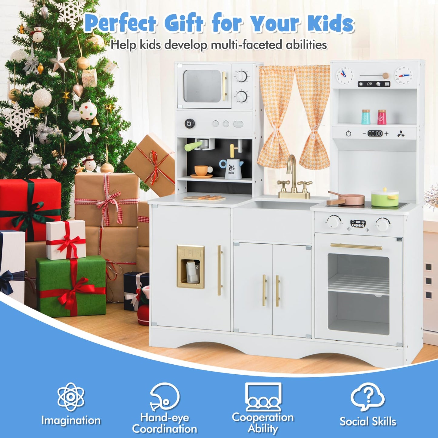 Kids Play Kitchen Wooden with Microwave and Ice Maker with Sounds