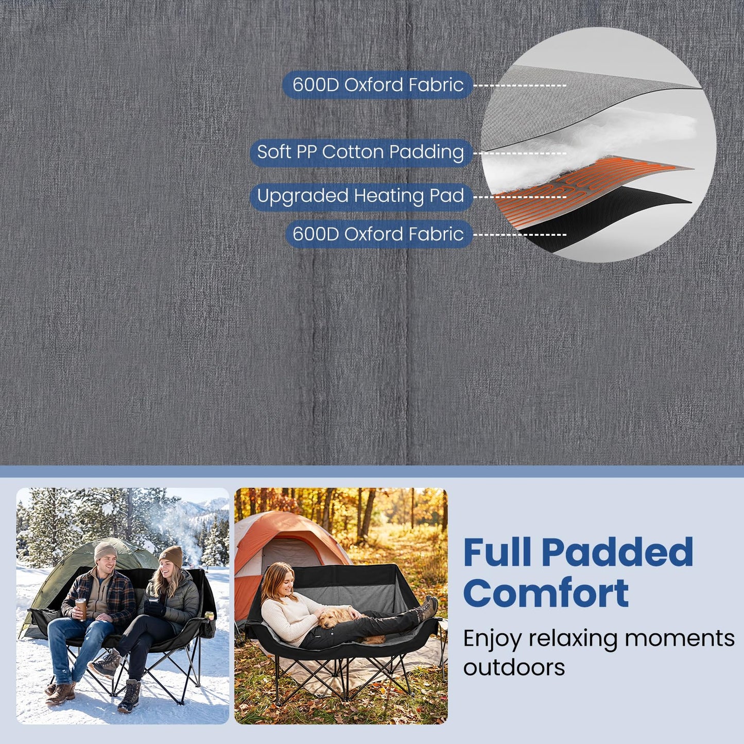 Oversized Heated Double Camping Chair, 3 Heat Levels, 300kg