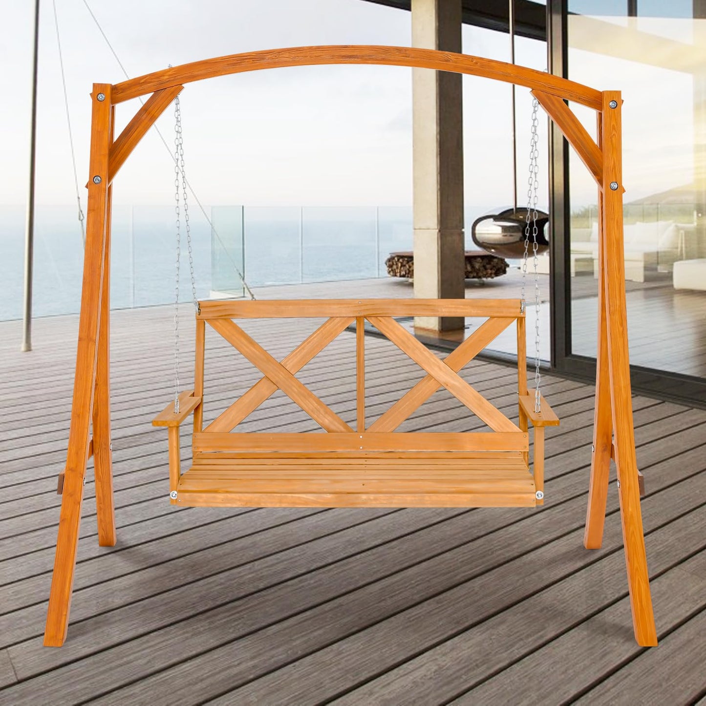 Solid Wood Patio Swing Bench Loveseat Chair with Stand Frame